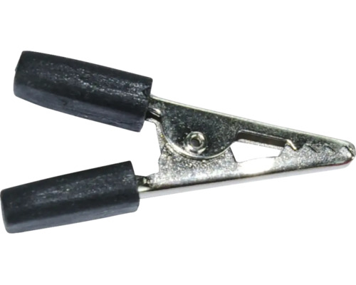 Krokodilklämma av metall med svarta isolerade handtag.