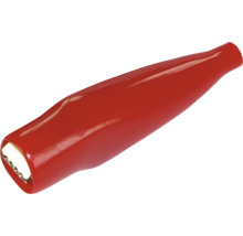 Röd krokodilklämma med plastisolering för mätkablar och laboratoriebruk.