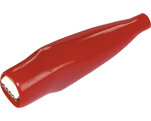 Röd krokodilklämma med plastisolering för mätkablar och laboratoriebruk.