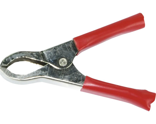 Röd krokodilklämma av metall med isolerade handtag.