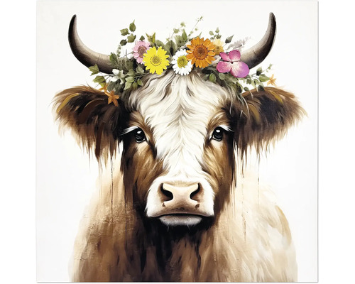 Tavla föreställande en ko med en färgglad blomsterkrans på huvudet och horn.