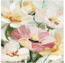 Väggtavla med abstrakt målade blommor i rosa, gult och vitt med tydlig penselstruktur.