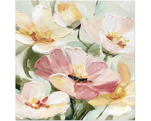 Väggtavla med abstrakt målade blommor i rosa, gult och vitt med tydlig penselstruktur.