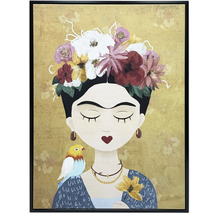 Inramad tavla av en kvinna i Frida Kahlo-stil med blomsterkrans, fågel på axeln och guldfärgad bakgrund.