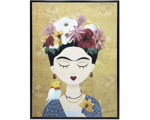 Inramad tavla av en kvinna i Frida Kahlo-stil med blomsterkrans, fågel på axeln och guldfärgad bakgrund.