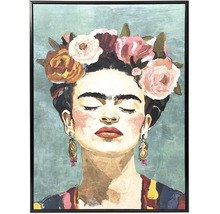 Inramad tavla med ett målat porträtt av en kvinna med blomkrans och mörkt hår i Frida Kahlo stil.