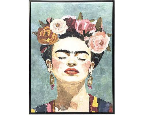 Inramad tavla med ett målat porträtt av en kvinna med blomkrans och mörkt hår i Frida Kahlo stil.