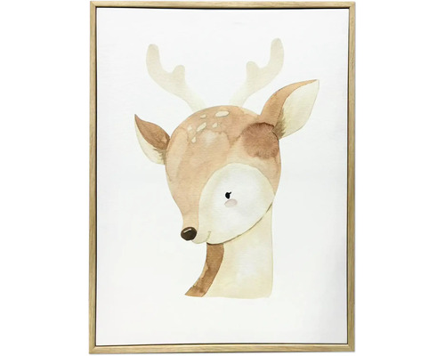 Tavla i träram med akvarellillustration av ett hjorthuvud för barnrum.