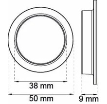 Teknisk ritning runt infällt handtag: ytterdiameter 50 millimeter, innerdiameter 38 millimeter och djup 9 millimeter.