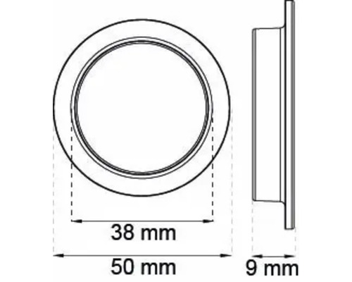 Teknisk ritning runt infällt handtag: ytterdiameter 50 millimeter, innerdiameter 38 millimeter och djup 9 millimeter.