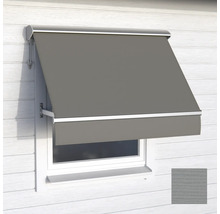 Fallarmsmarkis för fönster med grått tyg och aluminiumkassett, solskydd för utomhusmontering.