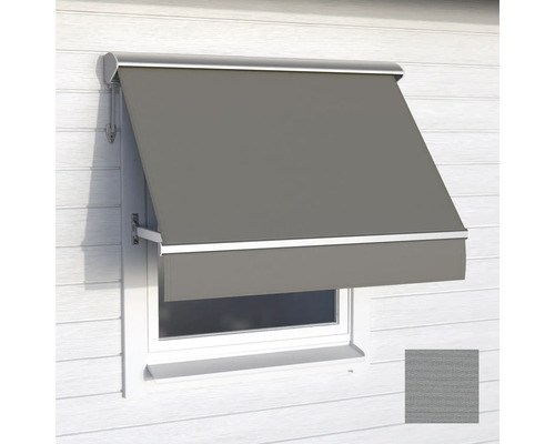 Fallarmsmarkis för fönster med grått tyg och aluminiumkassett, solskydd för utomhusmontering.