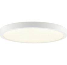Rund LED-taklampa i platt design med vit ram och diffusor.