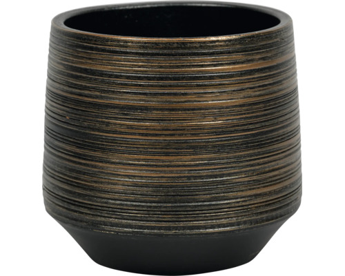 Rund ytterkruka med strukturerad yta, horisontella räfflor och metallisk finish.