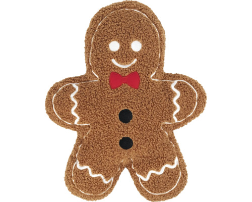 Prydnadskudde pepparkaksgubbe i mjuk teddyfleece med fluga och knappar.