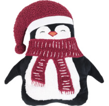 Prydnadskudde pingvin av mjuk plysch med röd tomtemössa och halsduk.