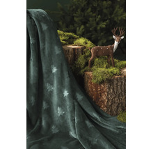 Mjuk mörkgrön filt med präglat mönster av granar, draperad bredvid en trädstubbe med mossa och en liten hjortfigur.