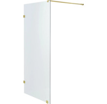 Walk-in-duschvägg i glas med guldfärgade fästen och stabiliseringsstång.