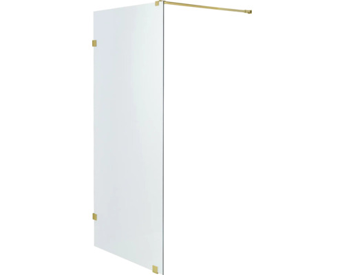 Walk-in-duschvägg i glas med guldfärgade fästen och stabiliseringsstång.