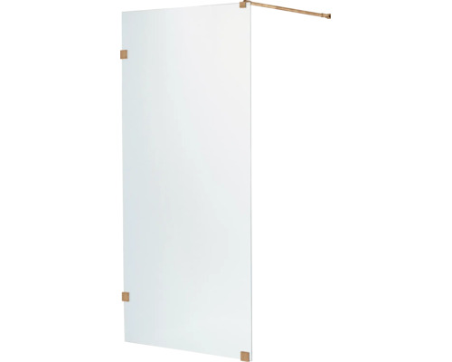 Walk-in-duschvägg i glas med guldfärgade beslag och stabiliseringsstång.