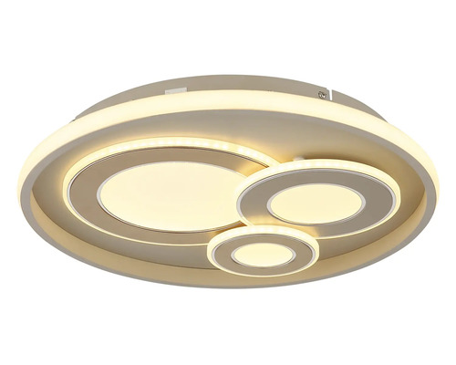 Modern LED-taklampa med flera cirkulära ljuselement i varmvitt ljus.