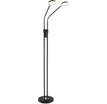 Modern LED-golvlampa i metall med två flexibla armar och runda lamphuvuden.