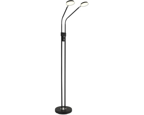 Modern LED-golvlampa i metall med två flexibla armar och runda lamphuvuden.