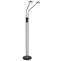 Svart golvlampa med två flexibla LED-huvuden och en rund bas.