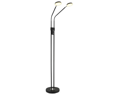 Golvlampa med två armar med flexibla leder och runda lamphuvuden.