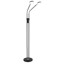 Golvlampa med två LED-ljuskällor i svart metall med flexibelt inställbara runda lamphuvuden och rund fot.