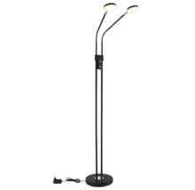 Modern LED-golvlampa med två armar i svart metall med flexibla svanhalsar och runda lamphuvuden.