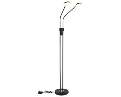 Modern LED-golvlampa med två armar i svart metall med flexibla svanhalsar och runda lamphuvuden.
