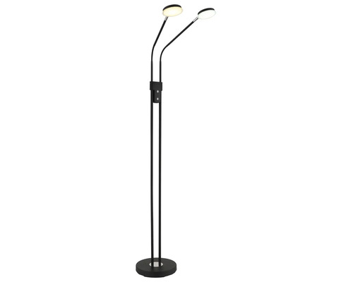 LED-golvlampa med två ljuskällor, flexibla armar och rund fot i svart metall.
