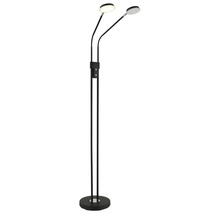 Tvålågig LED-golvlampa i svart med flexibelt justerbara armar och runda lamphuvuden.