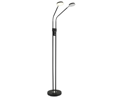 Tvålågig LED-golvlampa i svart med flexibelt justerbara armar och runda lamphuvuden.