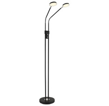 Golvlampa med två LED-ljuskällor, flexibla armar, svart finish och rund bas.