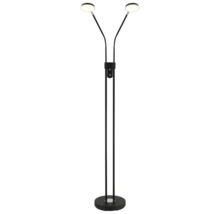 Svart golvlampa med två justerbara LED-lamphuvuden och rund metallfot.