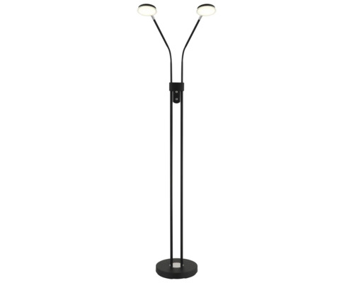 Svart golvlampa med två justerbara LED-lamphuvuden och rund metallfot.