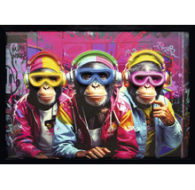 Modern väggtavla med tre schimpanser med färgglada hörlurar, glasögon och jackor mot en graffitibakgrund i en svart ram.