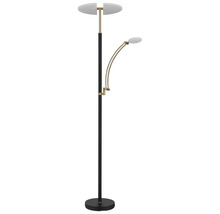 Modern golvlampa med LED uplight och justerbar läsarm, stomme i svart och mässing.