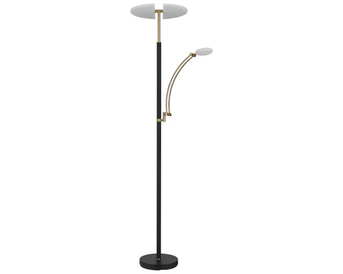 Modern golvlampa med LED uplight och justerbar läsarm, stomme i svart och mässing.
