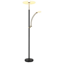LED-golvlampa med uplight och flexibel läsarm, metall i svart och mässing.