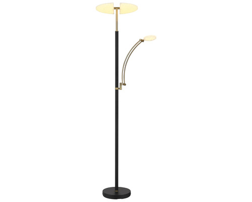 LED-golvlampa med uplight och flexibel läsarm, metall i svart och mässing.