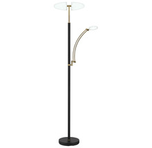Modern LED-golvlampa med uplight och justerbar läsarm i svart och mässing.