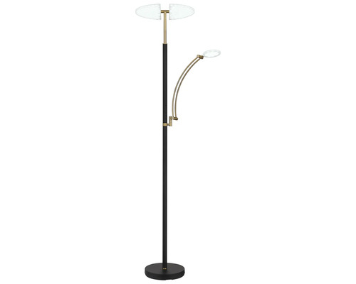 Modern LED-golvlampa med uplight och justerbar läsarm i svart och mässing.
