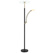 Modern LED-golvlampa i svart och mässing med tvådelad uplight och justerbar läsarm.