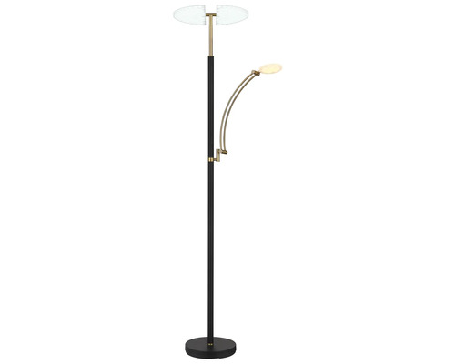 Modern LED-golvlampa i svart och mässing med tvådelad uplight och justerbar läsarm.