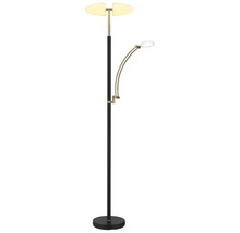 Golvlampa med läsarm, svart stång med guldfärgade accenter och delad uppåtriktad belysning.