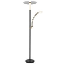 Modern golvlampa med uplight och ställbar läsarm av metall i svart och mässing med skärmar av frostat glas.