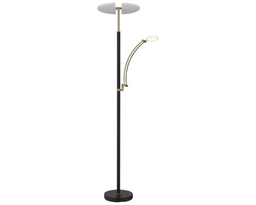 Modern golvlampa med uplight och ställbar läsarm av metall i svart och mässing med skärmar av frostat glas.